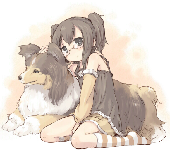 7010, original, 1girl, black eyes, black hair, detached sleeves, dog, female focus, glasses, kneehighs, personification, sheltie, skirt, socks, solo, striped clothes, striped socks, tank top, twintails