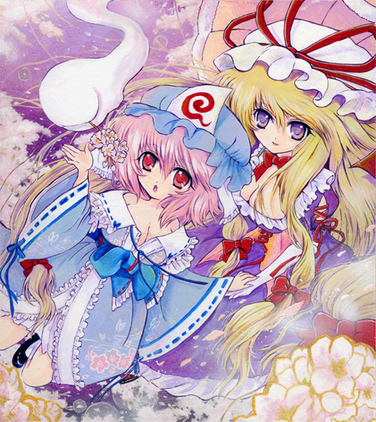 sakurai tamako, tama tamako sakurai, saigyouji yuyuko, yakumo yukari, touhou, bad id, bad pixiv id, traditional media, 2girls, blonde hair, breasts, cleavage, elbow gloves, female focus, flower, gloves, hat, large breasts, long hair, multiple girls, pink hair, purple eyes, red eyes, shikishi, short hair