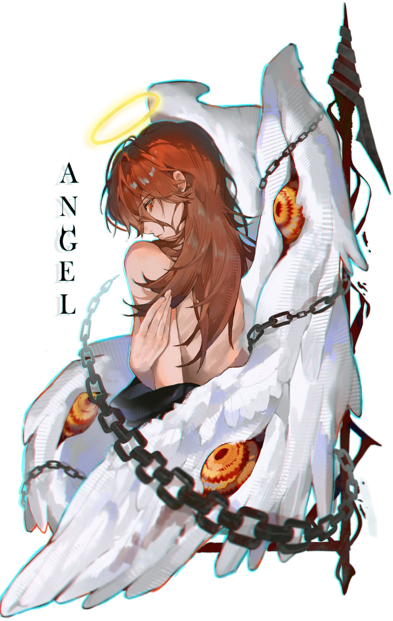 cookie052070521, angel devil (chainsaw man), chainsaw man, hashtag-only commentary, highres, 1boy, angel, angel wings, chain, character name, eyelashes, halo, long hair, male focus, simple background, solo, traditional halo, white background, white wings, wings
