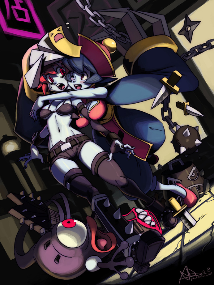 alex ahad, hsien-ko, lord raptor, mei-ling (darkstalkers), capcom, darkstalkers, > <, 2girls, between breasts, blue hair, blue skin, blush, breasts, closed eyes, colored skin, dutch angle, genderswap, genderswap (mtf), guitar, hat, hug, instrument, jiangshi, knife, legs, midnight bliss, multiple girls, navel, ofuda, one eye closed, open mouth, red eyes, red hair, shorts, tackle, thighhighs, tongue, weapon, wink