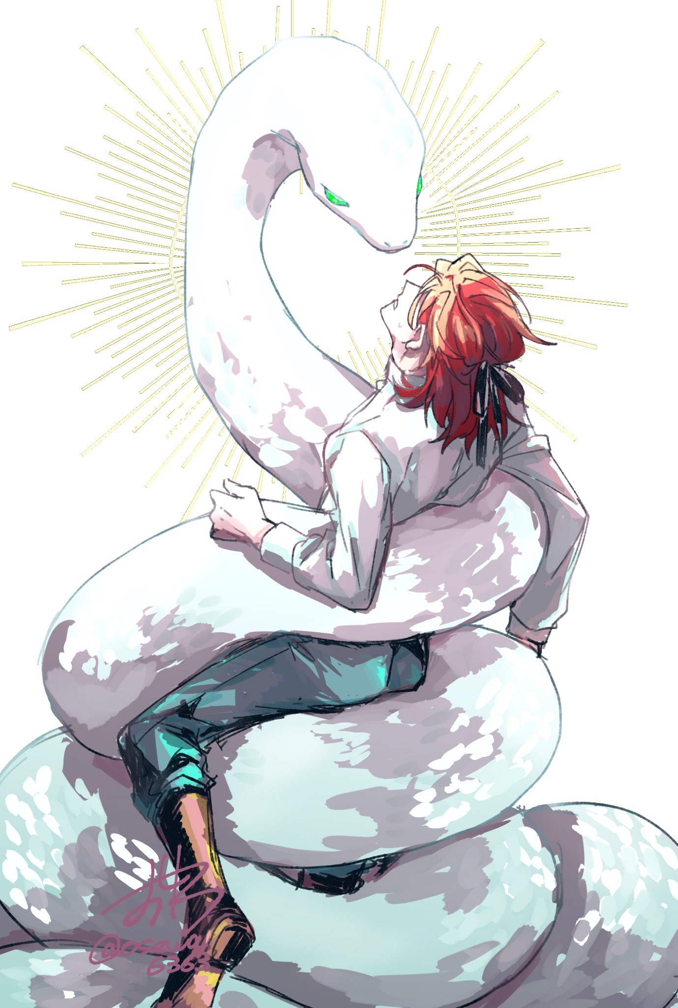 cale henituse, lout of count's family, facing up, highres, 1boy, animal, black ribbon, blue pants, boots, closed eyes, green eyes, hair ribbon, long sleeves, looking at another, looking up, male focus, medium hair, osewa6363, pants, red hair, ribbon, shirt, signature, simple background, snake, solo, white background, white shirt, white snake