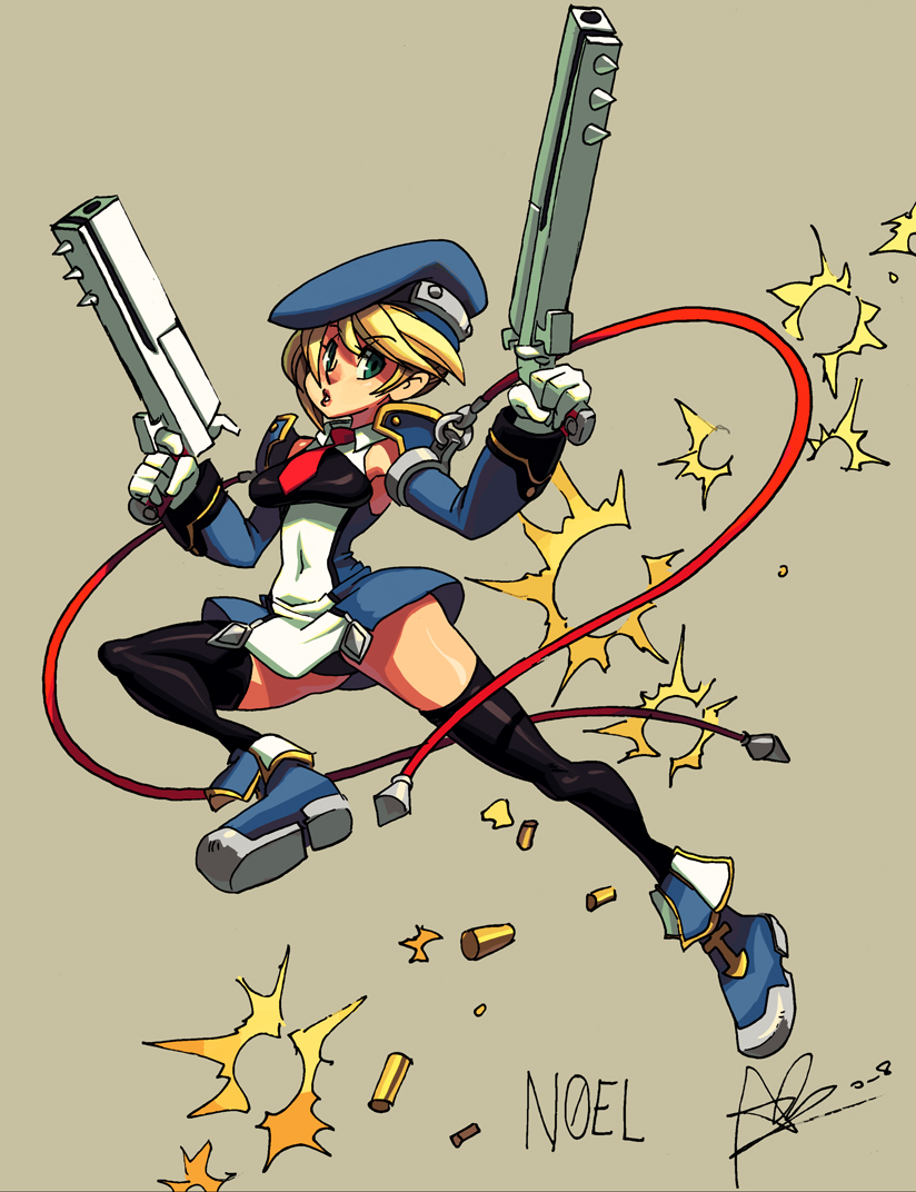 alex ahad, noel vermillion, arc system works, blazblue, 1girl, artist name, beret, blonde hair, bolverk, breasts, character name, covered navel, dress, female focus, gloves, green eyes, gun, handgun, hat, lips, narrow waist, necktie, panties, red ribbon, ribbon, short dress, short hair, solo, thighhighs, underwear, weapon, white gloves