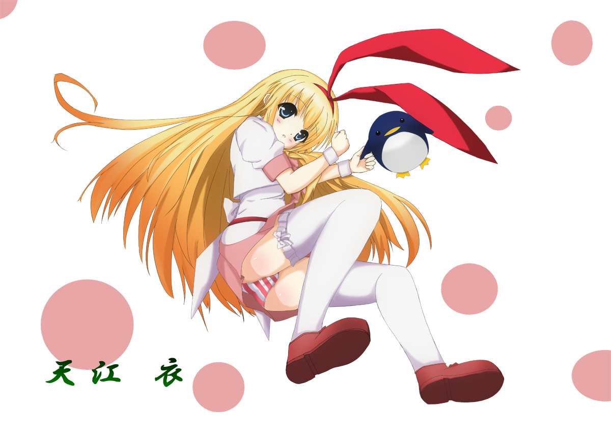 amae koromo, etopen, saki (manga), 00s, 1girl, bird, blonde hair, blue eyes, female focus, hairband, long hair, panties, penguin, skirt, solo, striped clothes, striped panties, stuffed animal, stuffed penguin, stuffed toy, thighhighs, underwear, white thighhighs