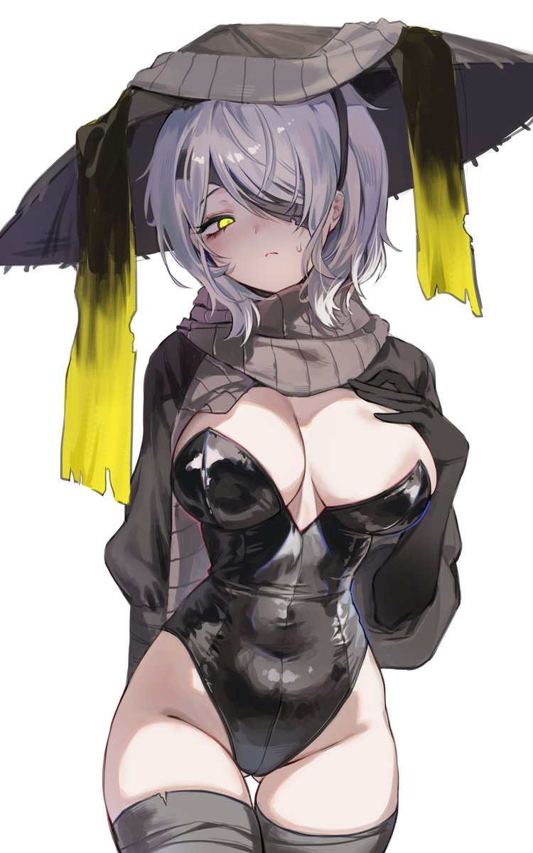 faust (project moon), limbus company, project moon, commentary, highres, symbol-only commentary, 1girl, bandage over one eye, black leotard, breasts, green eyes, grey hat, grey scarf, grey thighhighs, hat, heishou pack-mao branch (identity) (project moon), highleg, highleg leotard, iur5021, large breasts, leotard, medium hair, rice hat, scarf, simple background, solo, standing, strapless, strapless leotard, thighhighs, white background, white hair