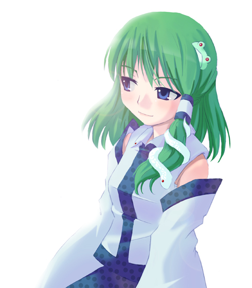 kazuha (ichiwa), kochiya sanae, touhou, bad id, bad pixiv id, 1girl, blue eyes, detached sleeves, female focus, frog, green hair, hair ornament, short hair, simple background, snake, solo, white background