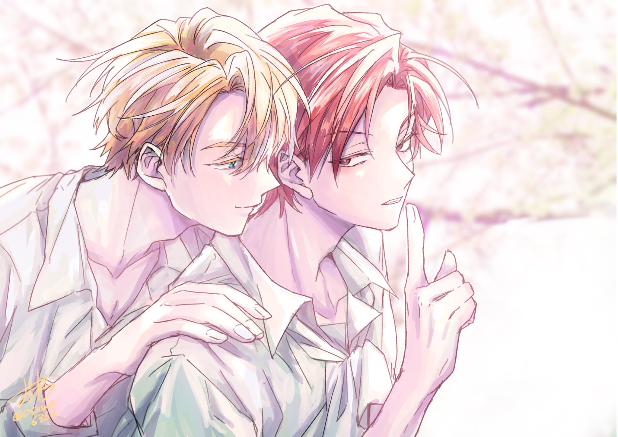 alberu crossman, cale henituse, lout of count's family, highres, 2boys, blonde hair, blue eyes, blurry, blurry background, brown eyes, closed mouth, collared shirt, finger to mouth, hand on another's shoulder, index finger raised, looking at another, male focus, multiple boys, osewa6363, red eyes, red hair, shirt, short hair, shushing, smile, upper body, white shirt, yaoi