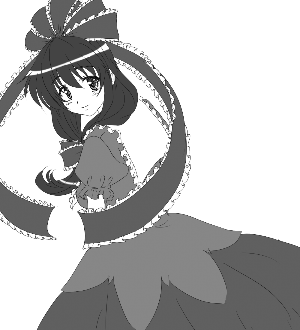 yonpachi, kagiyama hina, touhou, artist request, 1girl, bow, dress, female focus, frills, front ponytail, greyscale, headdress, long hair, monochrome, ribbon, solo