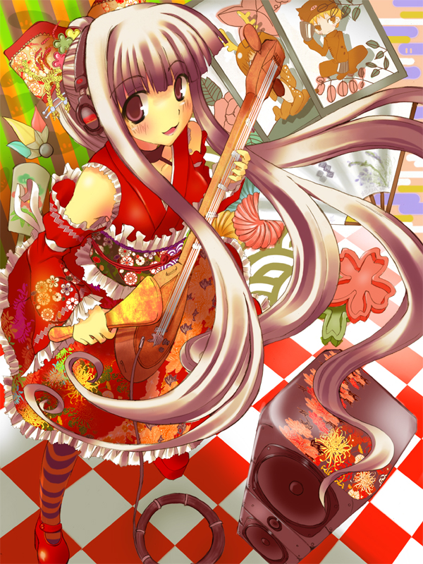 cosmo (bousoup), cosmo bousou-p, cosmo p, original, bad id, bad pixiv id, 1girl, female focus, instrument, long hair, ponytail, solo, striped clothes, striped thighhighs, thighhighs, very long hair