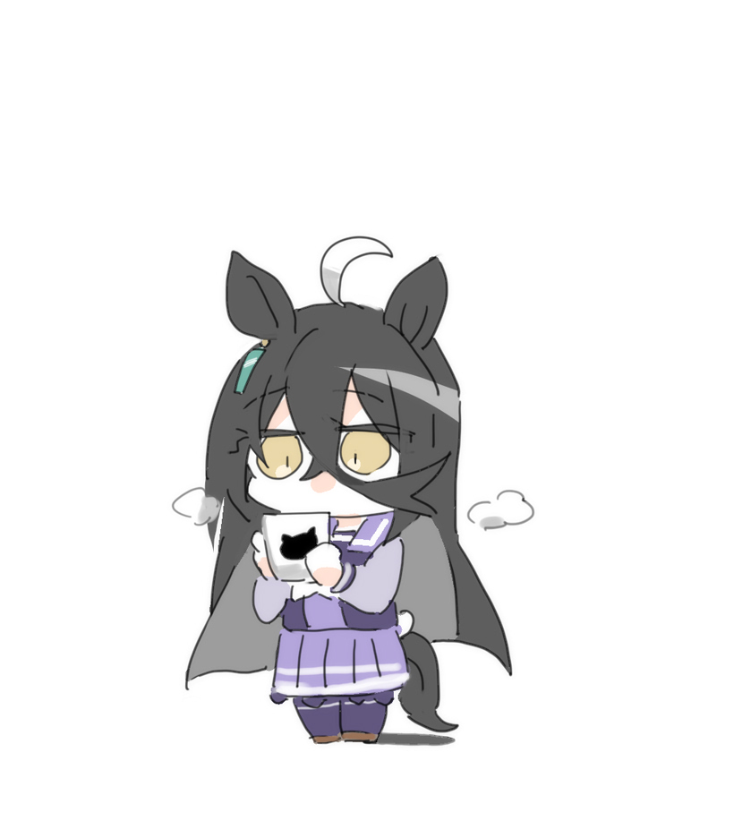 beer hsk, manhattan cafe (umamusume), umamusume, 1girl, ahoge, animal ears, black hair, brown eyes, brown shoes, chibi, cup, full body, hair between eyes, holding, holding cup, horse ears, horse girl, horse tail, long hair, long sleeves, mug, multicolored hair, pleated skirt, puffy long sleeves, puffy sleeves, purple shirt, purple skirt, purple thighhighs, school uniform, shadow, shirt, shoes, simple background, skirt, solo, standing, tail, thighhighs, tracen school uniform, two-tone hair, very long hair, white background, white hair