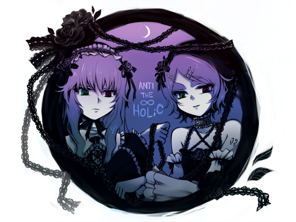 miyu (matsunohara), kagamine rin, megurine luka, anti the holic (vocaloid), anti the infinite holic (vocaloid), vocaloid, bad id, bad pixiv id, 2girls, gothic lolita, gradient hair, heterochromia, lolita fashion, multicolored hair, multiple girls, purple hair