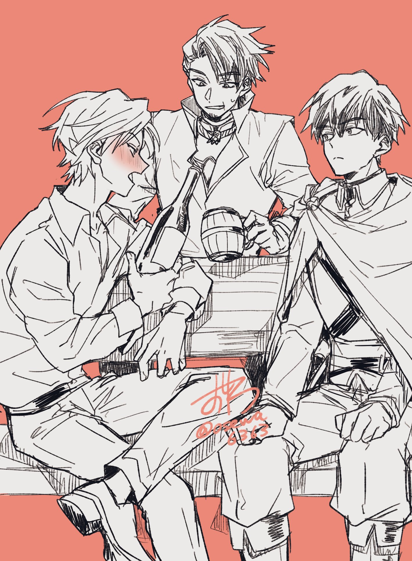 cale henituse, choi han, lout of count's family, highres, 3boys, alcohol, beer mug, belt, blush, bottle, cape, closed eyes, closed mouth, collared shirt, cup, dated, drunk, greyscale with colored background, holding, holding bottle, holding cup, jacket, looking at another, male focus, military, military uniform, mug, multiple boys, open mouth, osewa6363, pants, red background, scar, scar on face, shirt, short hair, simple background, sitting, smile, sweatdrop, table, wine bottle