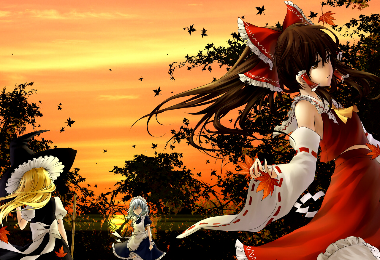 rella, hakurei reimu, izayoi sakuya, kirisame marisa, touhou, silver hair, bad id, bad pixiv id, 3girls, blonde hair, bow, braid, broom, brown hair, cloud, detached sleeves, expressionless, female focus, from behind, hair over eyes, hat, japanese clothes, leaf, miko, multiple girls, short hair, sky, sunset, twin braids, wings, witch, witch hat