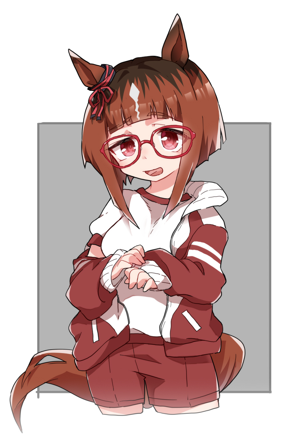 beer hsk, transcend (umamusume), umamusume, highres, 1girl, :d, animal ears, black hair, brown hair, cowboy shot, cropped legs, glasses, grey background, gym shirt, gym shorts, gym uniform, horse ears, horse girl, horse tail, jacket, long hair, long sleeves, looking at viewer, multicolored hair, off shoulder, open clothes, open jacket, open mouth, puffy long sleeves, puffy sleeves, red-framed eyewear, red eyes, red jacket, red shorts, shirt, shorts, sleeves past wrists, smile, solo, tail, two-tone background, two-tone hair, white background, white hair, white shirt