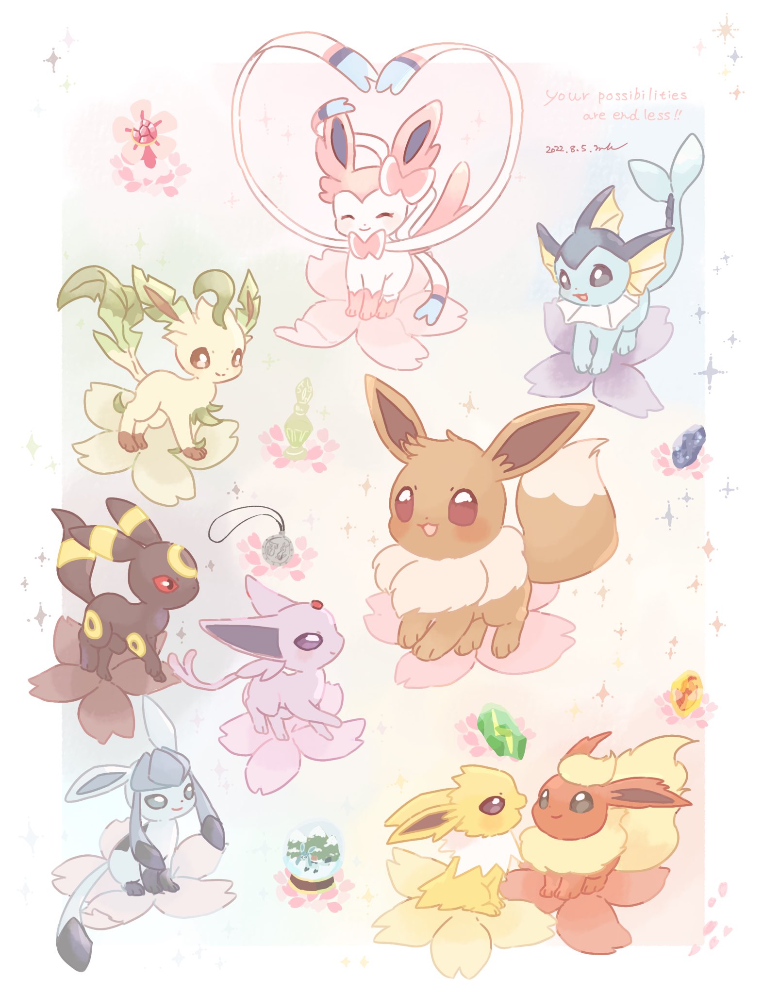 mkt (buizu-miki), eevee, espeon, flareon, glaceon, jolteon, leafeon, sylveon, umbreon, vaporeon, nintendo, pokemon, commentary request, highres, black eyes, black flower, blue eyes, blue flower, blush, brown eyes, cherry blossoms, closed eyes, closed mouth, colored sclera, dated, evolution stone, evolutionary stone, fire stone, flower, gen 1 pokemon, gen 2 pokemon, gen 4 pokemon, gen 6 pokemon, green flower, grey flower, jewelry, necklace, no humans, orange flower, petals, pink flower, pink petals, pokemon (creature), pokemon focus, purple eyes, purple flower, red sclera, sitting, smile, snow globe, thunder stone, water stone, yellow flower