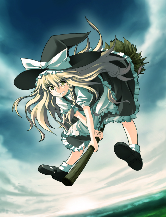 kuma ana, kirisame marisa, touhou, bad id, bad pixiv id, 1girl, blonde hair, braid, broom, broom riding, female focus, hat, long hair, outdoors, sky, solo, witch, witch hat, yellow eyes