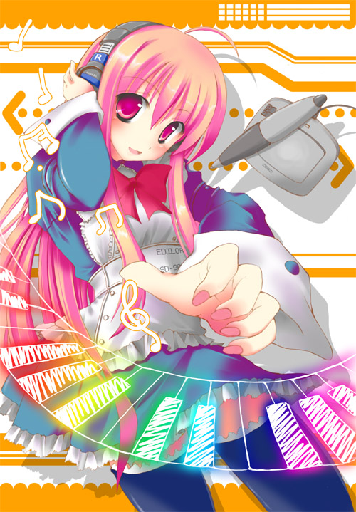 cosmo (bousoup), cosmo p, original, 1girl, female focus, headphones, maid, musical note, nail polish, piano keys, pink eyes, pink hair, pink nails, solo, thighhighs
