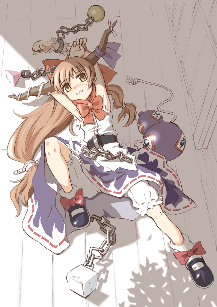 hasegawa keita, hasegawa, ibuki suika, touhou, 1girl, bloomers, bow, brown hair, chain, female focus, gourd, hair bow, horns, long hair, lying, mary janes, on back, shoes, solo, underwear, yellow eyes