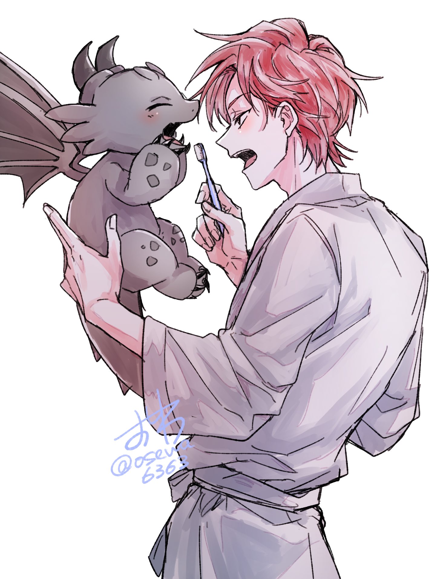 cale henituse, raon miru, lout of count's family, highres, 1boy, bathrobe, claws, closed eyes, dated, dragon, holding, holding toothbrush, looking at another, male focus, open mouth, osewa6363, red hair, short hair, signature, simple background, teeth, toothbrush, twitter username, white background