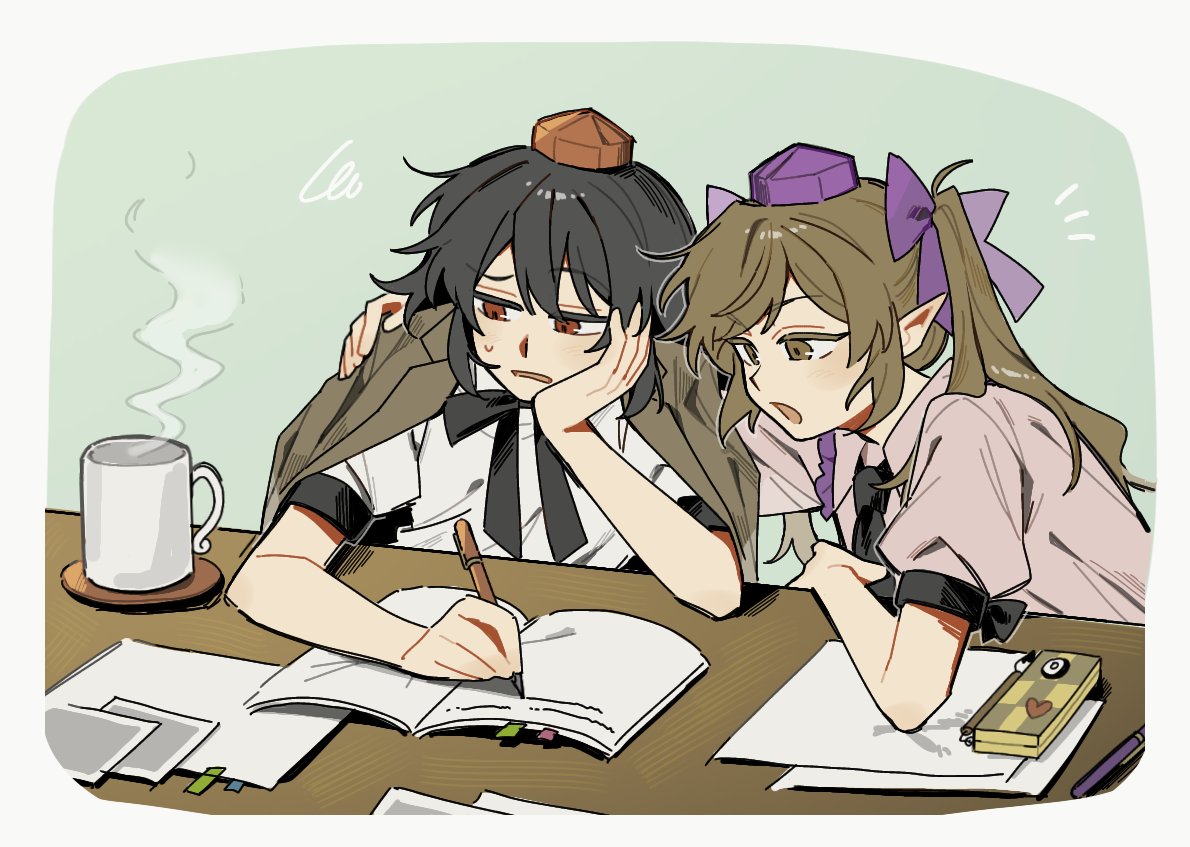 sakic43899, himekaidou hatate, shameimaru aya, touhou, commentary, symbol-only commentary, 2girls, black bow, black bowtie, black hair, black necktie, bow, bowtie, brown eyes, brown hair, brown jacket, cellphone, collared shirt, cup, flip phone, frilled shirt collar, frills, hand on another's shoulder, hand on own cheek, hand on own face, hat, holding, holding pen, jacket, jacket on shoulders, long hair, mug, multiple girls, necktie, notebook, open mouth, pen, phone, pointy ears, purple hat, red eyes, red hat, shirt, squiggle, steam, sweatdrop, table, tokin hat, twintails, white shirt, writing