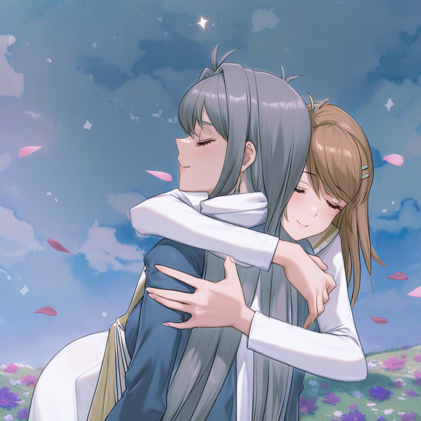 nephilim (xenosaga), xenosaga, xenosaga episode iii, commentary request, highres, spoilers, 2girls, blue sky, brown hair, closed eyes, closed mouth, falling petals, field, grey hair, hair ornament, hairclip, hug, mary magdalene (xenosaga), mon 7291, multiple girls, outdoors, petals, sky, smile