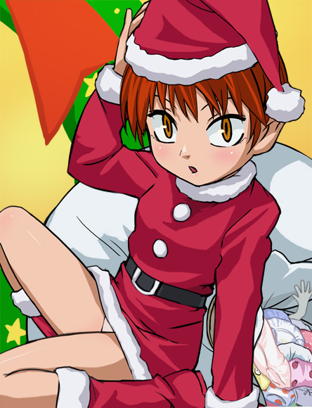 haruyama kazunori, nekomusume, gegege no kitarou, toei company, boots, hat, panties, pointy ears, red hair, santa costume, santa hat, solo, underwear, yellow eyes
