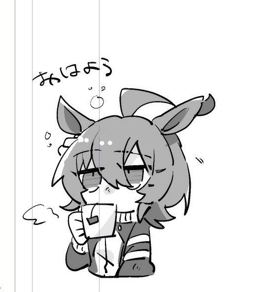 beer hsk, agnes tachyon (umamusume), umamusume, translation request, 1girl, ahoge, animal ears, cropped torso, cup, greyscale, hair between eyes, holding, holding cup, horse ears, jacket, monochrome, mug, solo, track jacket, upper body, white background