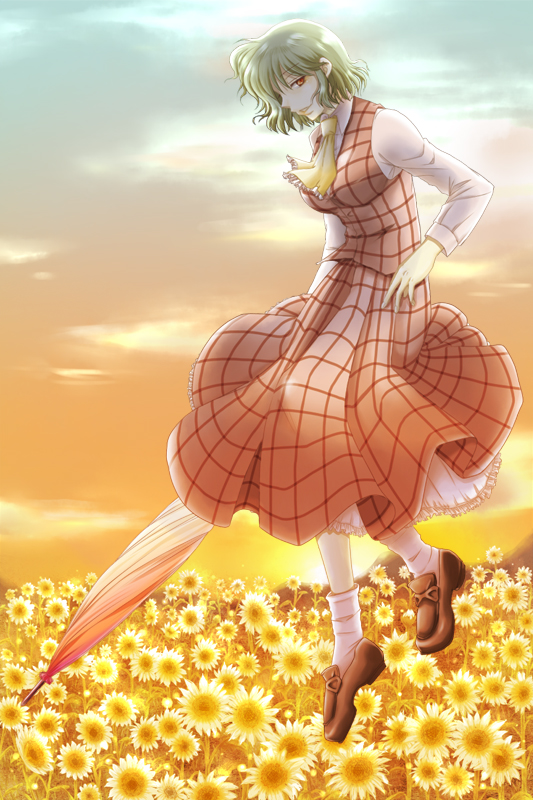 tori (aircafe), kazami yuuka, touhou, bad id, bad pixiv id, 1girl, ascot, closed umbrella, female focus, field, flower, flower field, flying, green hair, loafers, nature, outdoors, plaid clothes, plaid skirt, plaid vest, profile, red eyes, shoes, short hair, skirt, skirt set, sky, solo, sunflower, sunflower field, sunset, umbrella, vest