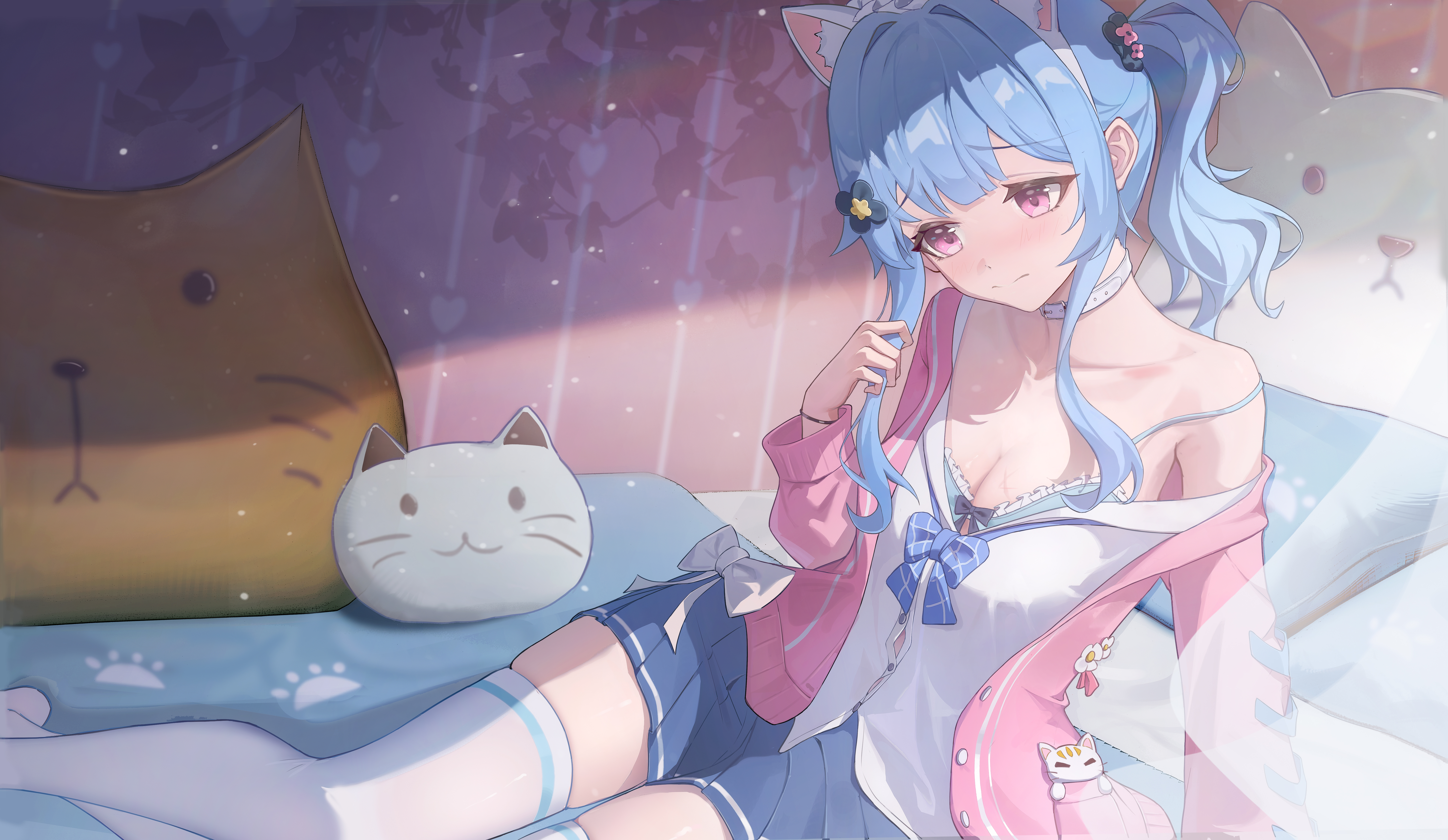 kosaka kaslana, original, absurdres, chinese commentary, commentary request, highres, 1girl, animal ear fluff, animal ear hairband, animal ears, aqua thighhighs, black ribbon, blue bra, blue hair, blue ribbon, blue skirt, bra, breasts, cat-shaped pillow, cleavage, collar, collarbone, fake animal ears, feet out of frame, flower hairpin, hairband, hand up, indoors, jacket, large breasts, long hair, long sidelocks, long sleeves, looking down, multicolored thighhighs, no shoes, on bed, pillow, pink eyes, pink jacket, ribbon, shirt, sidelocks, single bare shoulder, sitting, skindentation, skirt, striped ribbon, thighhighs, thighs, two-tone thighhighs, unbuttoned jacket, underwear, white collar, white ribbon, white shirt, white thighhighs, zettai ryouiki