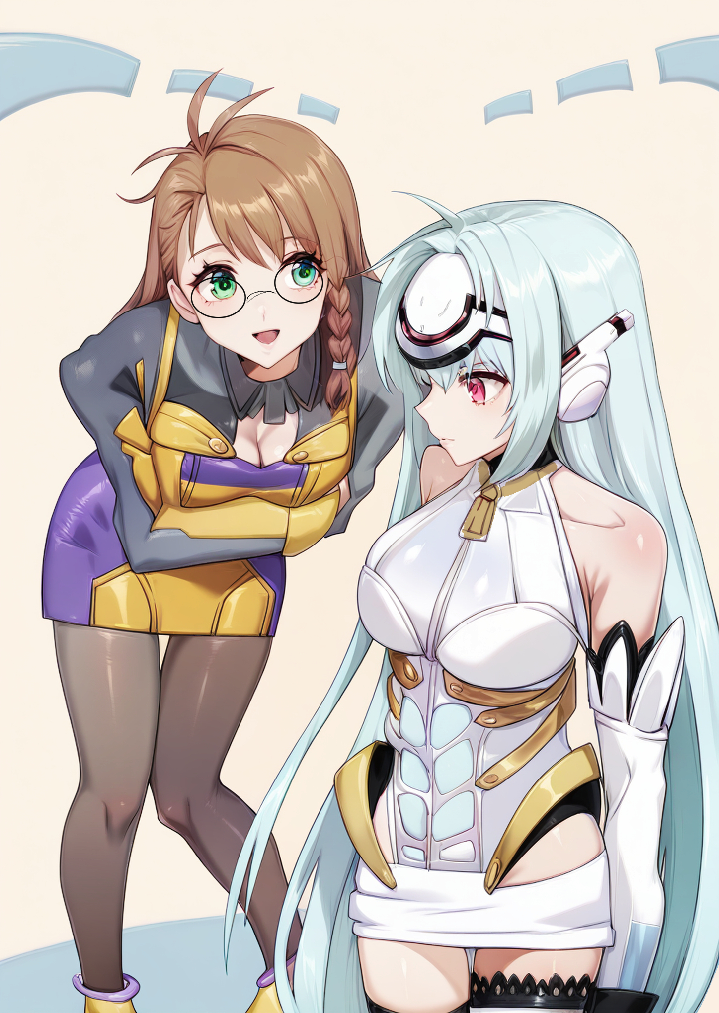 kos-mos, shion uzuki, xenosaga, xenosaga episode i, commentary request, highres, 2girls, android, armpit crease, arms under breasts, bare shoulders, blue hair, breasts, brown hair, cleavage, cleavage cutout, clothing cutout, dress, forehead protector, glasses, green eyes, large breasts, leaning forward, long hair, mon 7291, multiple girls, pantyhose, red eyes, round eyewear, short dress, standing, very long hair
