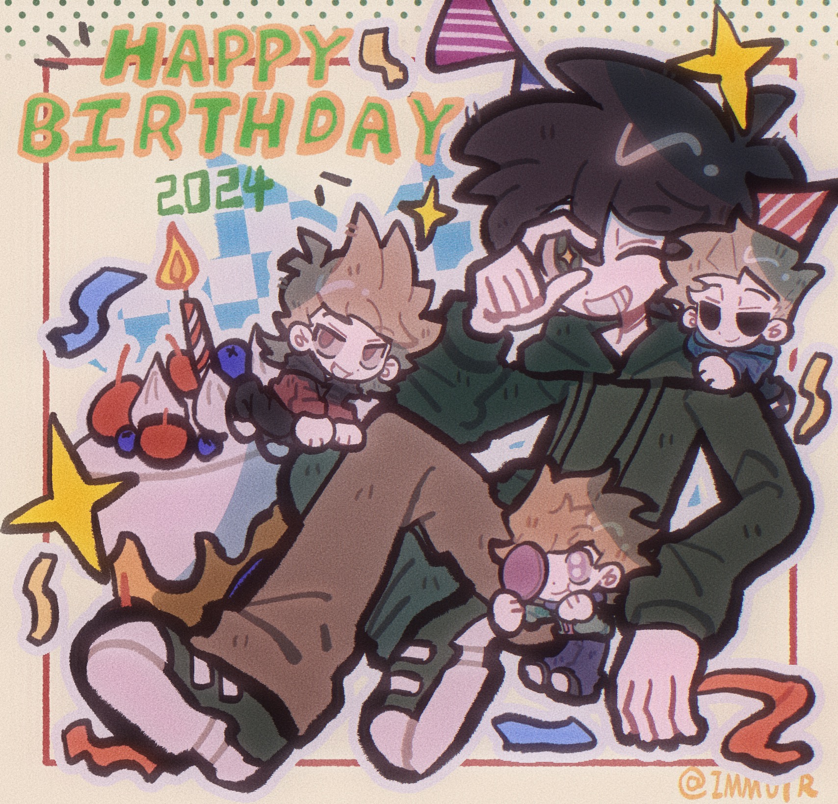 edd (eddsworld), matt (eddsworld), tom (eddsworld), eddsworld, chinese commentary, commentary request, highres, 2024, 4boys, animification, artist name, birthday, birthday cake, black eyes, blue hoodie, border, brown hair, brown pants, bunting, cake, candle, confetti, denim, food, green eyes, green hoodie, green jacket, green shoes, grin, hair ears, happy birthday, holding, holding mirror, hollow eyes, hood, hood down, hoodie, immuir, jacket, jeans, male focus, mini person, miniboy, mirror, multiple boys, one eye closed, pants, person on shoulder, purple eyes, red border, red eyes, red hoodie, shoes, short hair, simple background, sitting, smile, sneakers, solo focus, sparkle, spiked hair, star-shaped pupils, star (symbol), symbol-shaped pupils, thick lineart, tord (eddsworld), yellow background