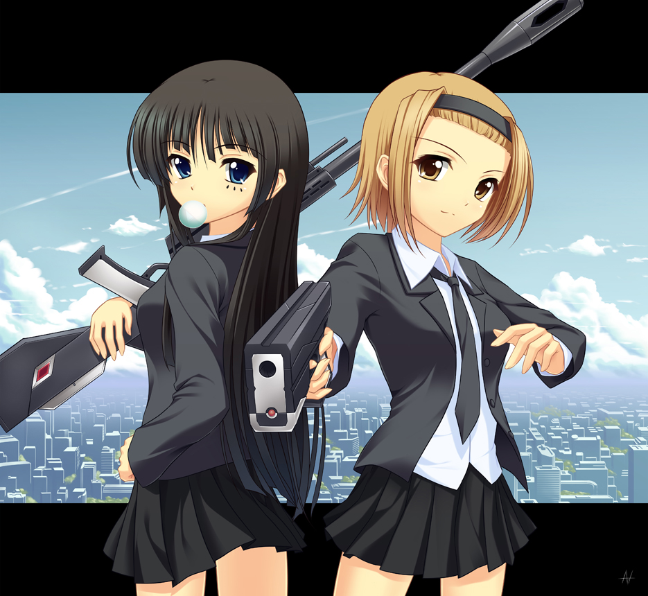 athrun1120, akiyama mio, tainaka ritsu, k-on!, bad id, bad pixiv id, 00s, 2girls, black hair, blonde hair, blowing bubble gum, blowing bubbles, blue eyes, chewing gum, gun, hairband, long hair, multiple girls, necktie, pleated skirt, short hair, skirt, weapon, yellow eyes