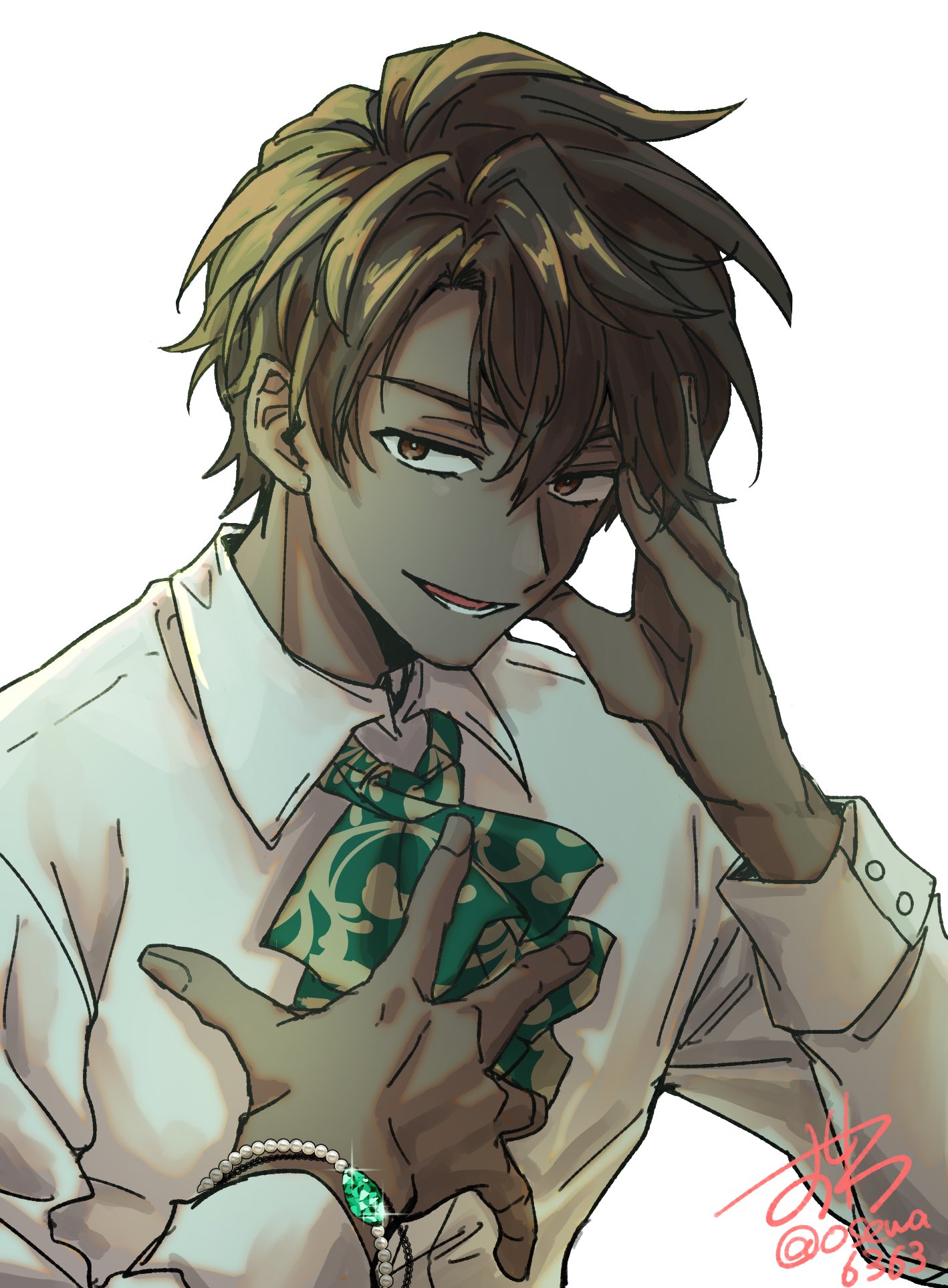 alberu crossman, lout of count's family, highres, 1boy, bracelet, brown eyes, brown hair, collared shirt, dark-skinned male, dark elf, dark skin, elf, hand on own chest, jewelry, long sleeves, looking at viewer, male focus, open mouth, osewa6363, pointy ears, shirt, short hair, signature, simple background, smile, solo, upper body, white background, white shirt