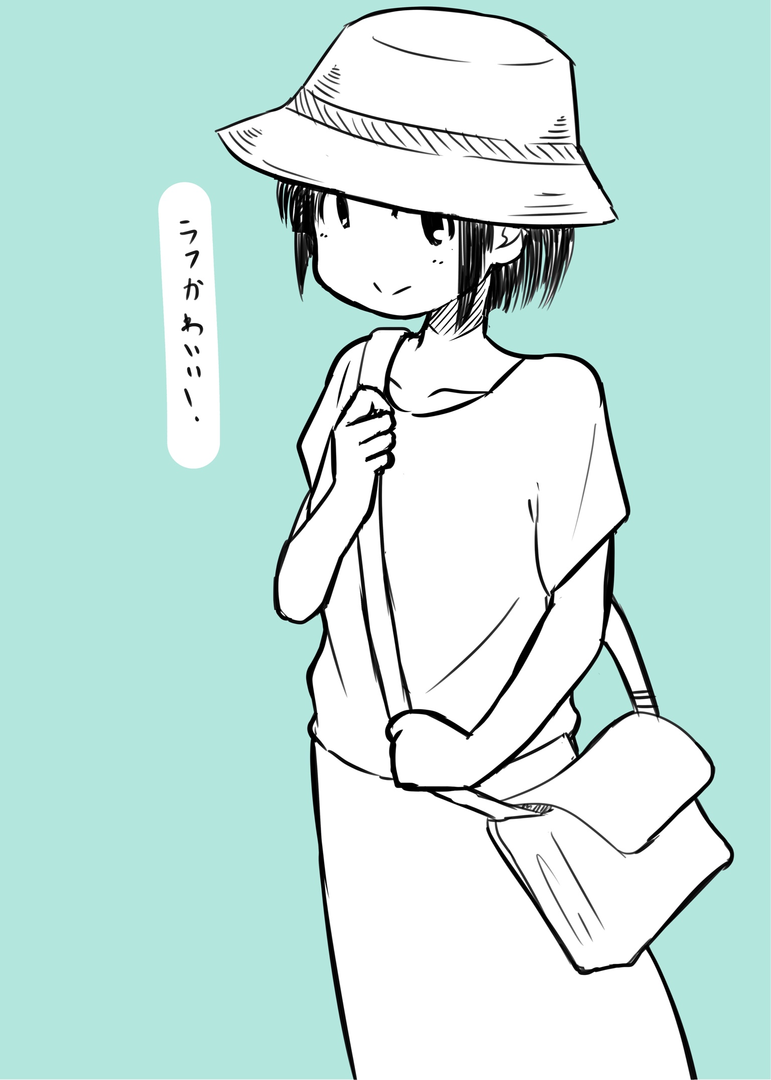 izumi wako, city (arawi keiichi), highres, translation request, 1girl, aqua background, bag, closed mouth, collarbone, geruman (three slope), greyscale with colored background, hat, looking at viewer, monochrome, shirt, short hair, short sleeves, shoulder bag, simple background, skirt, smile, solo, speech bubble, sun hat