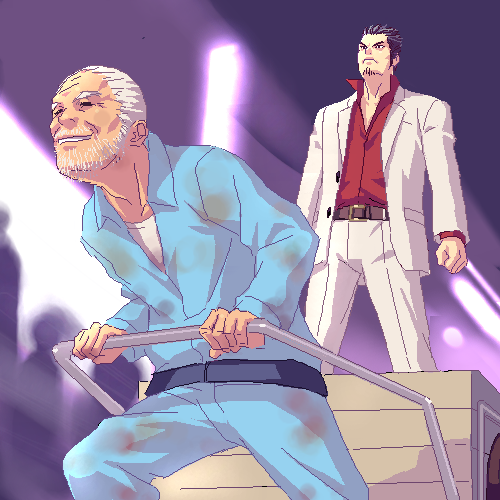 zen, kiryu kazuma, ryuu ga gotoku (series), lowres, 2boys, belt, cart, formal clothes, multiple boys, old, old man, suit
