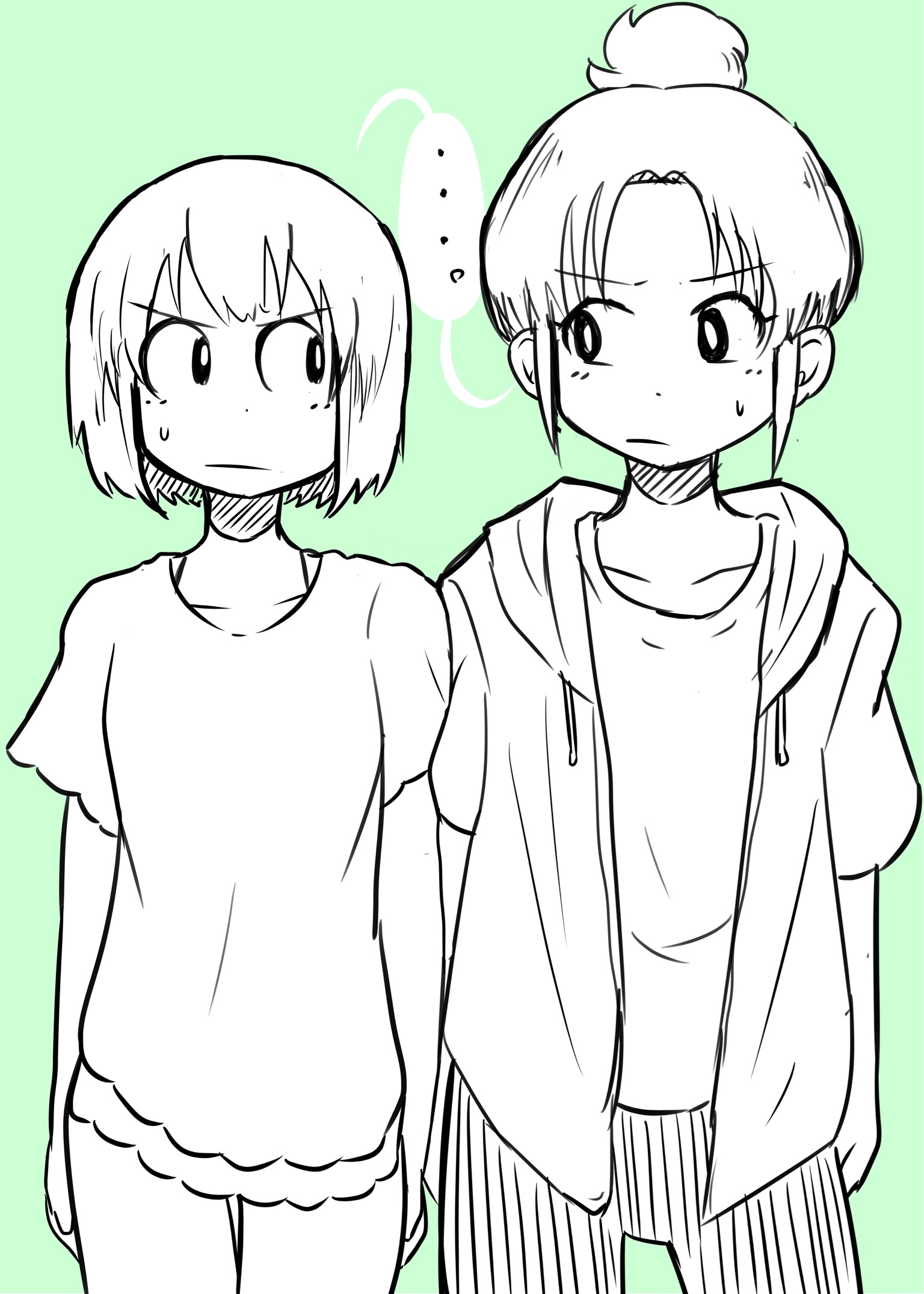 izumi wako, nagumo midori, niikura (city), city (arawi keiichi), highres, …, 2girls, camisole, closed mouth, collarbone, dot nose, geruman (three slope), green background, greyscale with colored background, hood, hood down, hoodie, looking at another, monochrome, multiple girls, open clothes, open hoodie, ponytail, shared speech bubble, short hair, short sleeves, shorts, sidelocks, simple background, small sweatdrop, speech bubble, straight-on, thighs