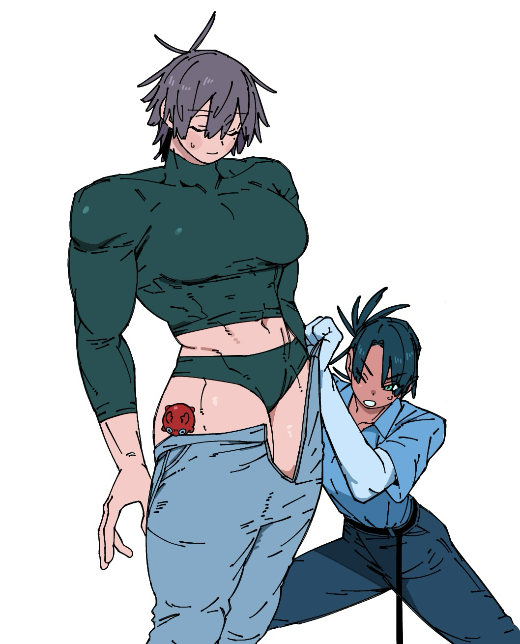 peke07777, kirima (peke07777), yona (peke07777), original, highres, 2girls, abs, belt, biceps, black belt, black hair, black panties, black shirt, blue shirt, blush, breasts, broad shoulders, brown hair, closed eyes, collared shirt, couple, covered abs, curvy, deltoids, denim, dressing, height difference, jeans, large breasts, multiple girls, muscular, muscular female, navel, open pants, panties, pants, shirt, short hair, size difference, skin tight, skindentation, sweatdrop, tall female, thick arms, thick thighs, thighs, tight clothes, tight pants, tight shirt, turtleneck, turtleneck shirt, undersized clothes, underwear, v-taper, wardrobe malfunction, yuri