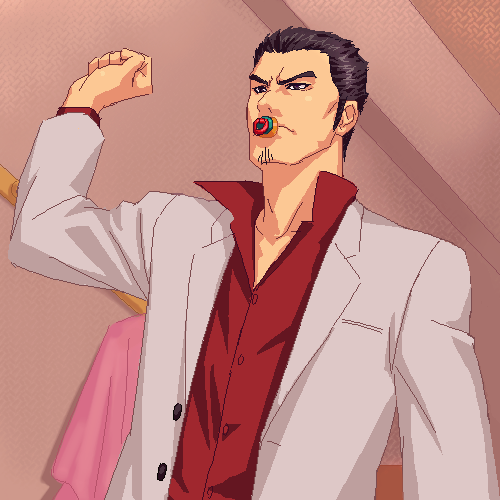 zen, kiryu kazuma, ryuu ga gotoku (series), lowres, 1boy, deadpan, formal clothes, male focus, pacifier, solo, suit