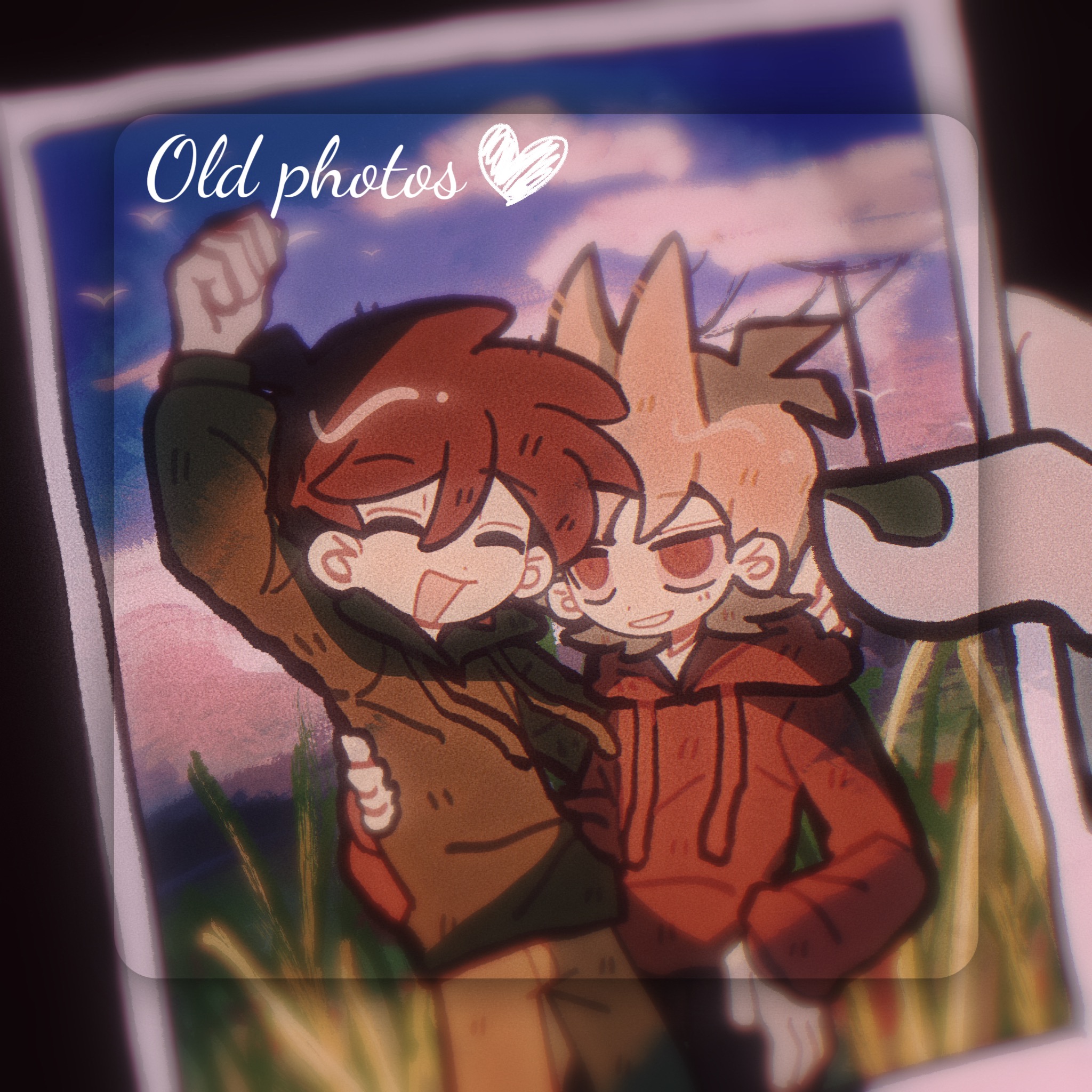 edd (eddsworld), eddsworld, chinese commentary, commentary request, highres, 2boys, arm up, black pants, brown hair, brown pants, closed eyes, couple, drawstring, english text, green hoodie, green nails, hair ears, hand on another's waist, hand on own hip, happy, heart, holding, holding photo, hood, hood down, hoodie, immuir, long sleeves, male focus, multiple boys, open mouth, pants, photo (object), power lines, red eyes, red hoodie, short hair, smile, thick lineart, tord (eddsworld), utility pole, yaoi