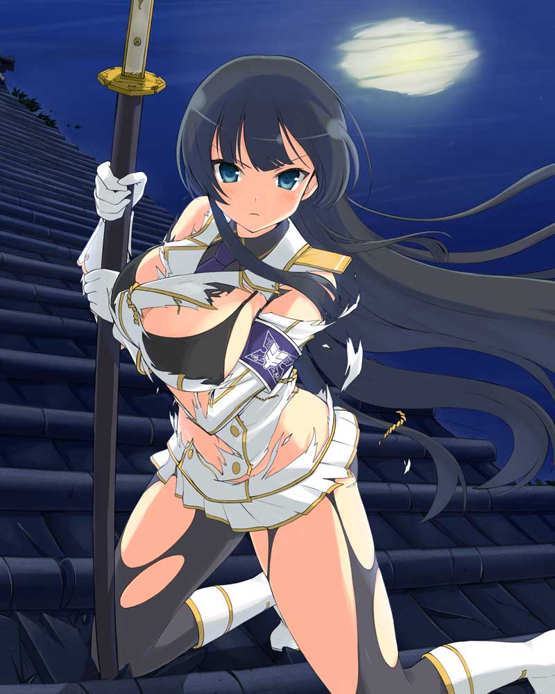 ikaruga (senran kagura), senran kagura, senran kagura new wave, senran kagura shoujo-tachi no shin'ei, non-web source, 1girl, arm under breasts, bikini, black bikini, black hair, black necktie, black pantyhose, blue eyes, blush, boots, breasts, cleavage, full moon, hanzou academy school uniform, hime cut, holding, holding sheath, katana, large breasts, long hair, looking at viewer, microskirt, moon, moon reflection, moonlight, navel, necktie, on roof, ootachi, pantyhose, reflection, rooftop, saya (scabbard), school uniform, sheath, shirt, skirt, solo, swimsuit, sword, torn clothes, torn pantyhose, torn shirt, v-shaped eyebrows, very long hair, water, weapon, white boots