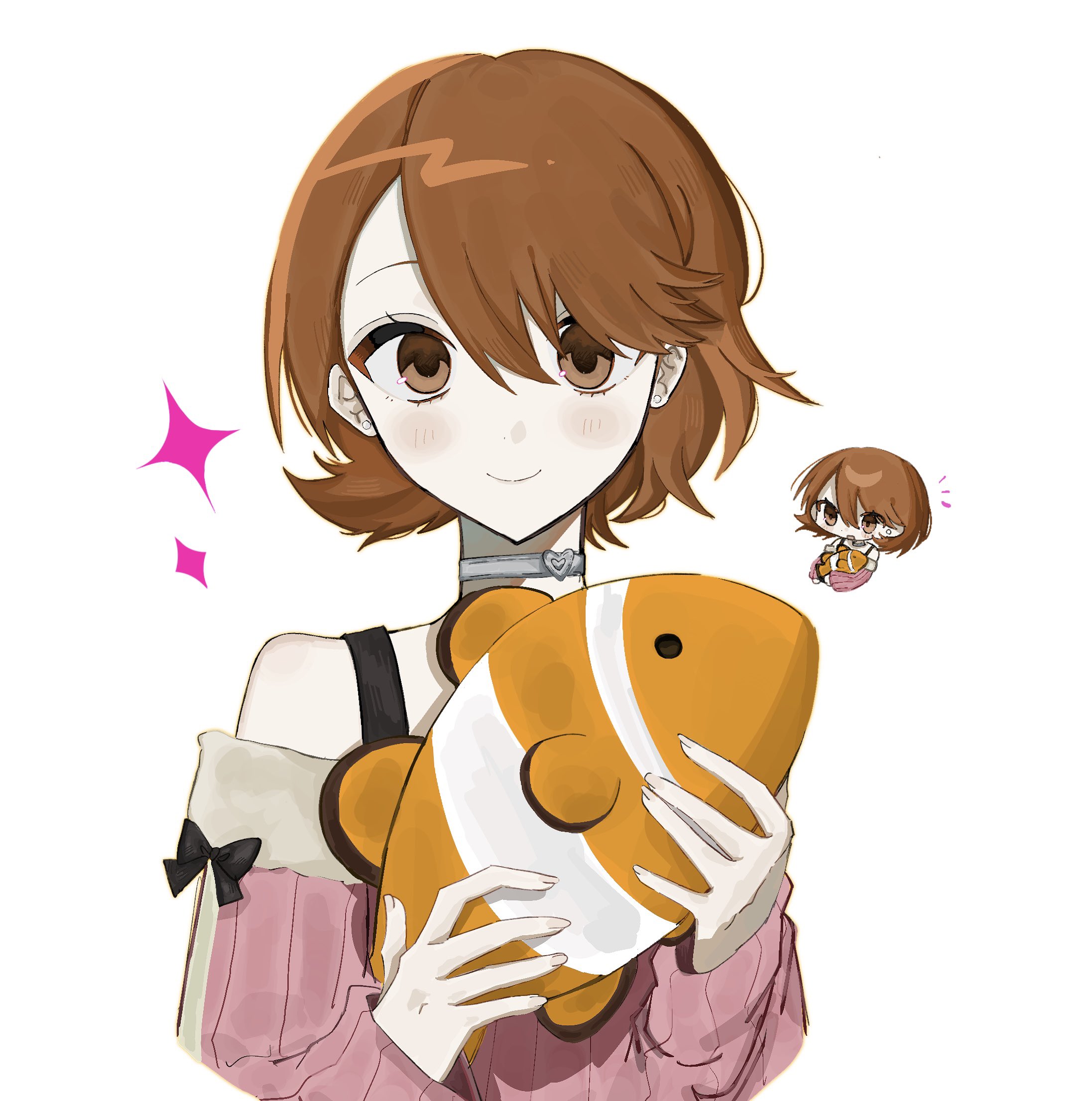 takeba yukari, persona, persona 3, commentary request, highres, 1girl, animal, bare shoulders, blush, bra strap, brown eyes, brown hair, choker, closed mouth, fish, fur-trimmed sweater, fur trim, hair between eyes, heart, heart choker, holding, holding animal, holding fish, long sleeves, looking at viewer, notice lines, off-shoulder sweater, off shoulder, official alternate costume, pink sweater, ribbed sweater, short hair, simple background, smile, solo, sparkle, straight-on, sweater, upper body, white background, white choker, xyurux0