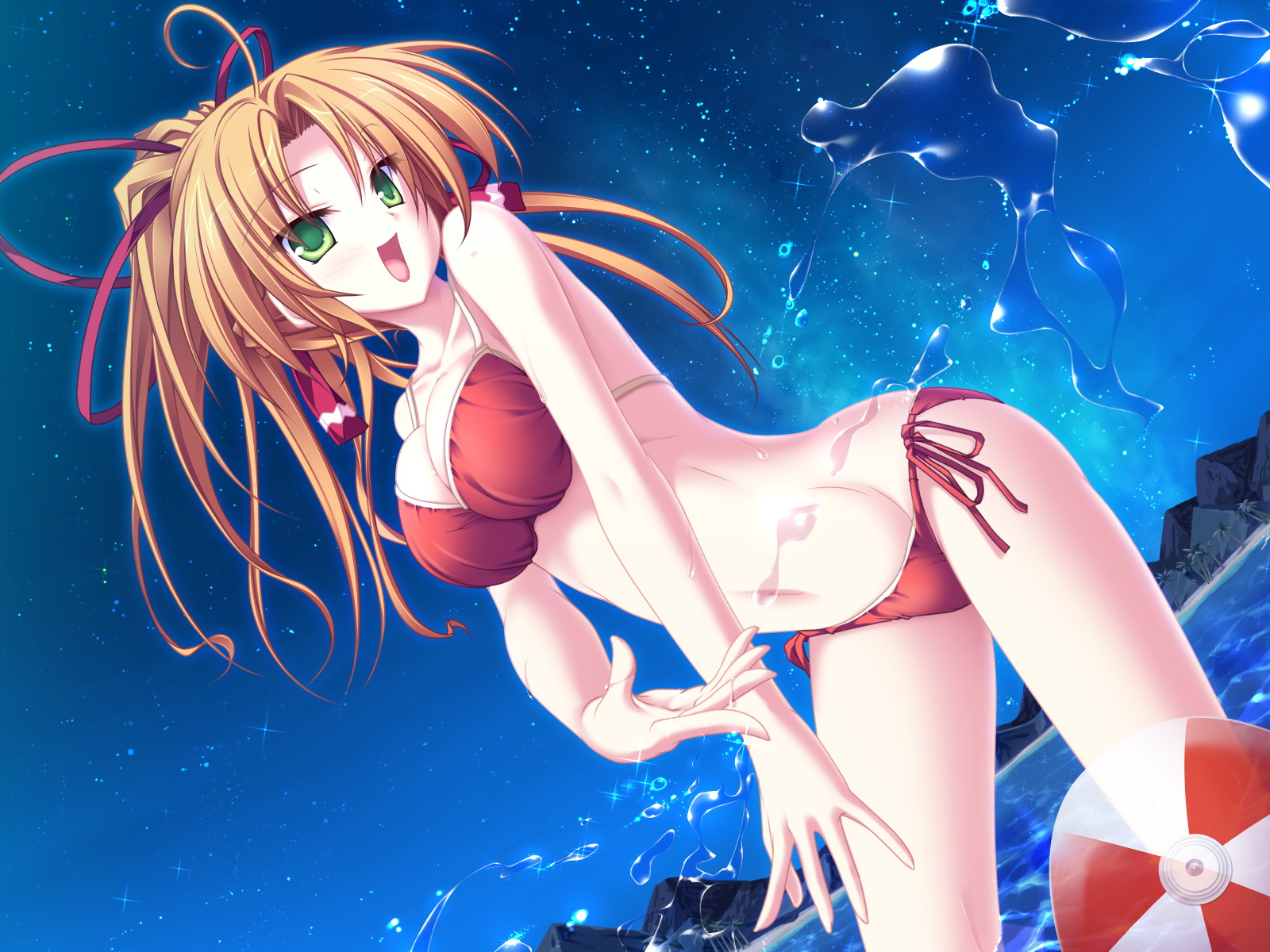 tenmaso, hoshiba sora, 77: and the two stars meet again, highres, ball, beachball, bikini, breasts, brown hair, green eyes, large breasts, night, red bikini, side-tie bikini bottom, swimsuit, water