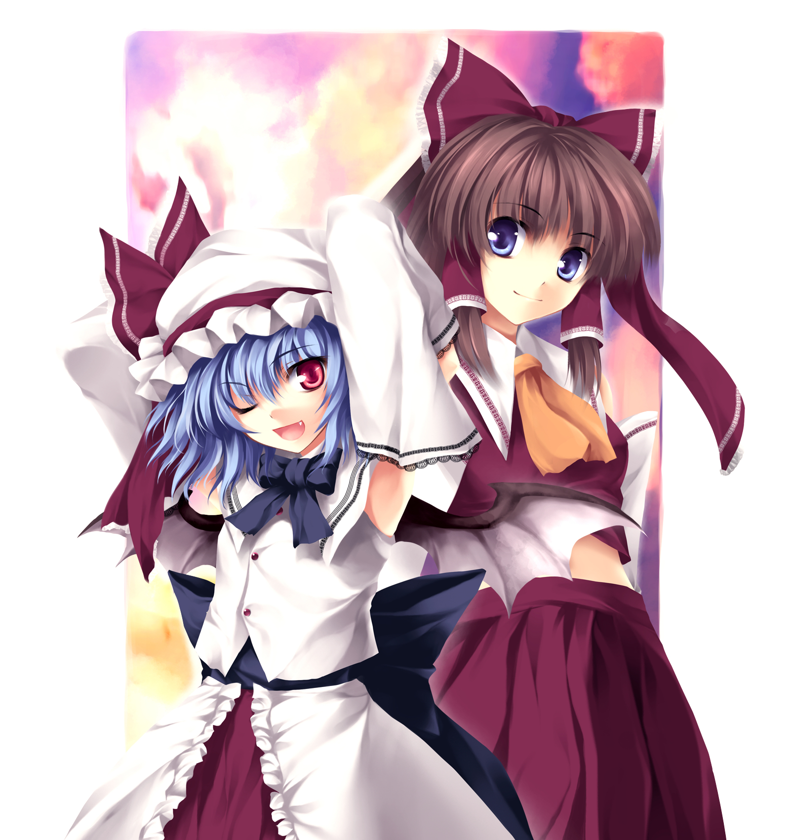 tateha (marvelous grace), hakurei reimu, remilia scarlet, touhou, highres, 2girls, arms behind head, arms up, bat wings, blue eyes, blue hair, bow, brown hair, detached sleeves, fang, female focus, hair bow, hat, japanese clothes, miko, multiple girls, red eyes, short hair, wings