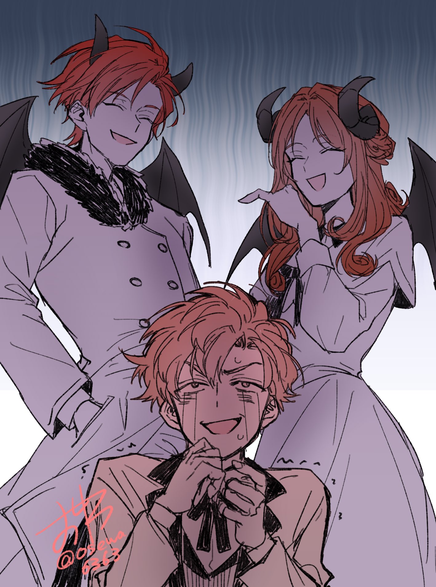 cale henituse, rosalyn (lout of count's family), lout of count's family, highres, 1girl, 2boys, brown hair, closed eyes, coat, crying, crying with eyes open, demon boy, demon girl, demon horns, demon wings, dress, fur trim, horns, laughing, long hair, long sleeves, mother and son, multiple boys, ojou-sama pose, open mouth, orange hair, osewa6363, pen (lout of count's family), red hair, short hair, siblings, smile, tears, trembling, wings