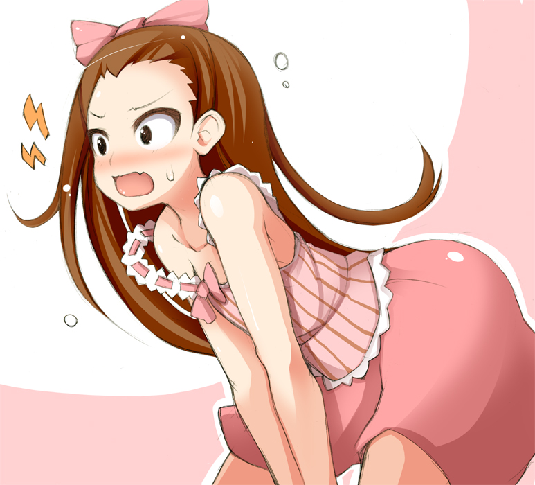 shachi kamaboko, minase iori, idolmaster, idolmaster (classic), bad id, bad pixiv id, 00s, 1girl, :o, bare shoulders, bent over, blush, bow, brown eyes, brown hair, female focus, hair bow, long hair, skirt, solo