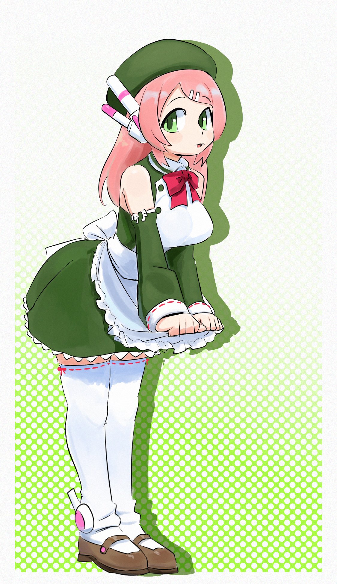 saruyama ushirou, momone momo, utau, highres, 1girl, apron, back bow, beret, border, bow, bowtie, brown sandals, buttons, collared dress, detached sleeves, dress, frilled apron, frills, from side, full body, gradient background, green background, green dress, green eyes, green hat, green sleeves, hair ornament, hairclip, halftone, halftone background, hat, headphones, holding apron, long hair, looking at viewer, open mouth, pink hair, red bow, red bowtie, ribbon, sandals, solo, thighhighs, white apron, white background, white border, white bow, white ribbon, white thighhighs