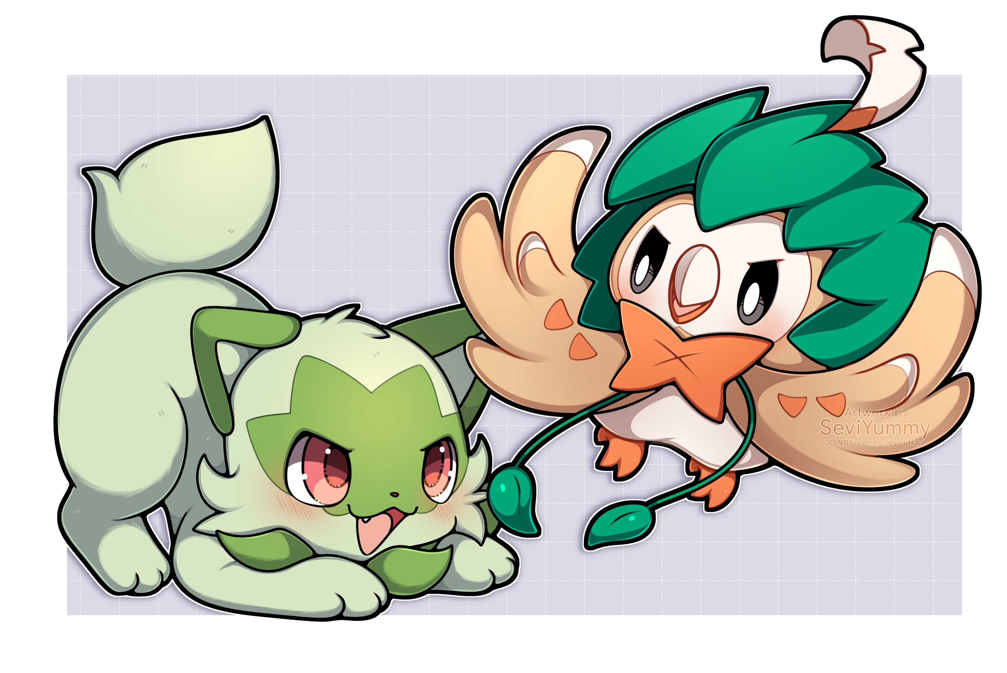 sevi (seviyummy), rowlet, sprigatito, nintendo, pokemon, absurdres, highres, animal focus, beak, bird, blush, cat, fang, flying, gen 7 pokemon, green fur, no humans, open mouth, owl, plant, pokemon (creature), pokemon focus, red eyes, smile, vines, wings