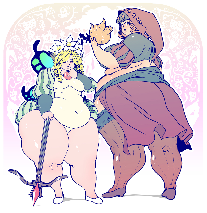 jmanvelez, mercedes (odin sphere), velvet (odin sphere), odin sphere, 2girls, belly, breasts, fat, fat woman, large breasts, mandragora, medium breasts, multiple girls