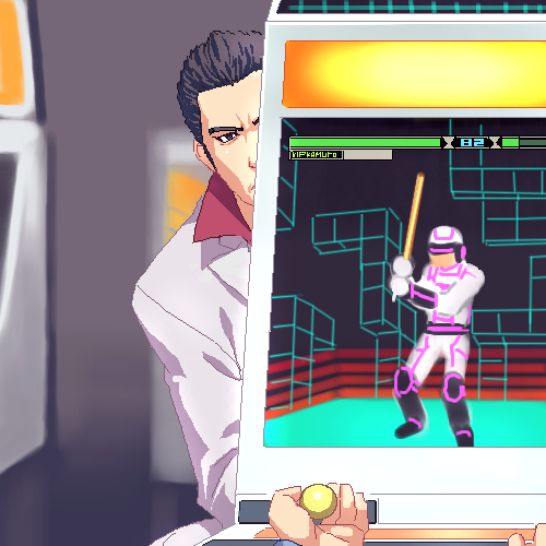 zen, kiryu kazuma, ryuu ga gotoku (series), lowres, 1boy, arcade, arcade cabinet, controller, formal clothes, joystick, oekaki, peeking, peeking out, playing games, suit