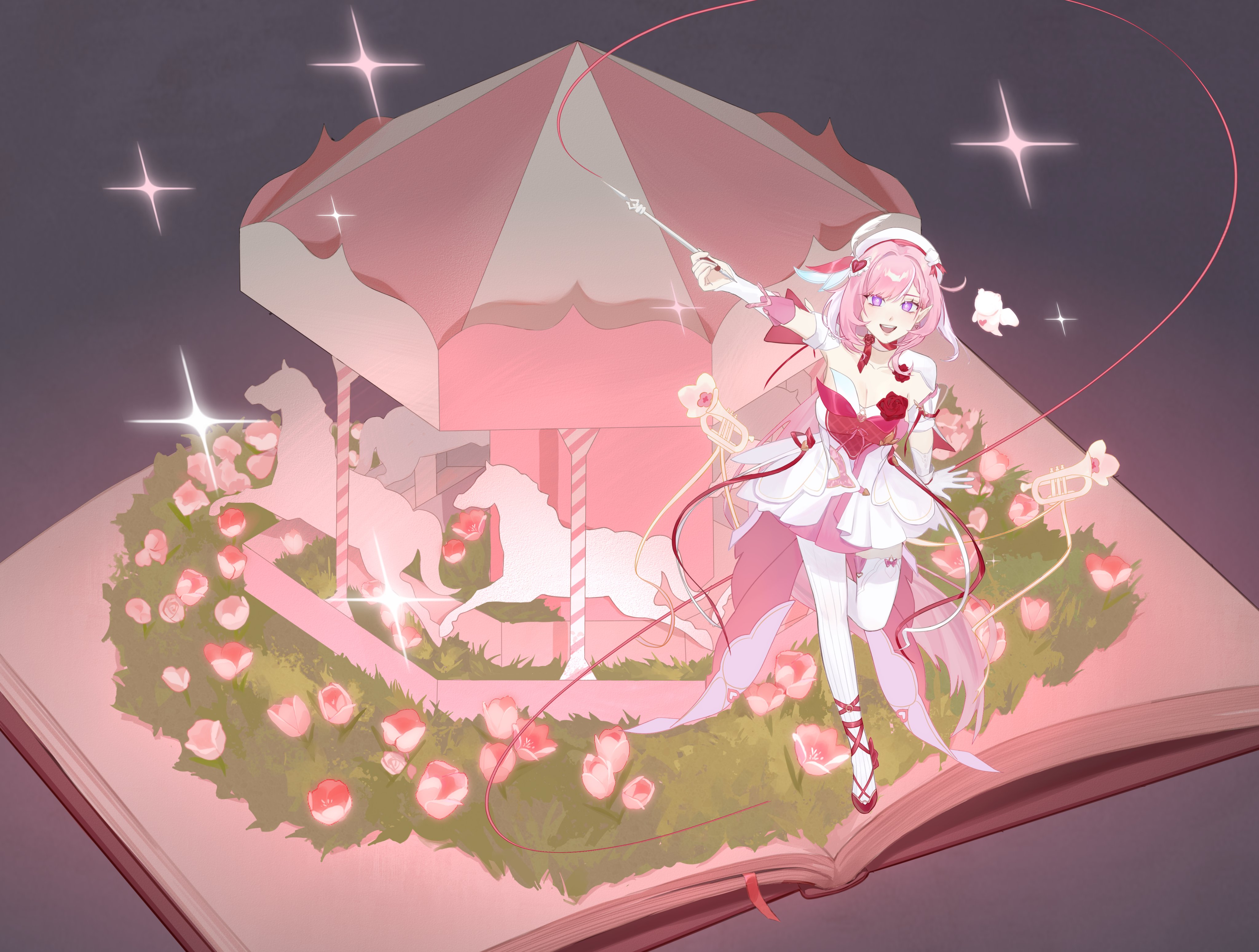 elysia (hi love elf) (honkai impact), elysia (honkai impact), honkai (series), honkai impact 3rd, absurdres, hashtag-only commentary, highres, 1girl, beret, book, breasts, carousel, cleavage, diamond-shaped pupils, diamond (shape), dress, hat, high heels, holding ribbon baton, khoiteychinn, large breasts, long hair, looking at viewer, multicolored hair, open book, pink hair, purple background, purple eyes, smile, solo, symbol-shaped pupils, thighhighs, two-tone hair, very long hair, white dress, white hair, white thighhighs