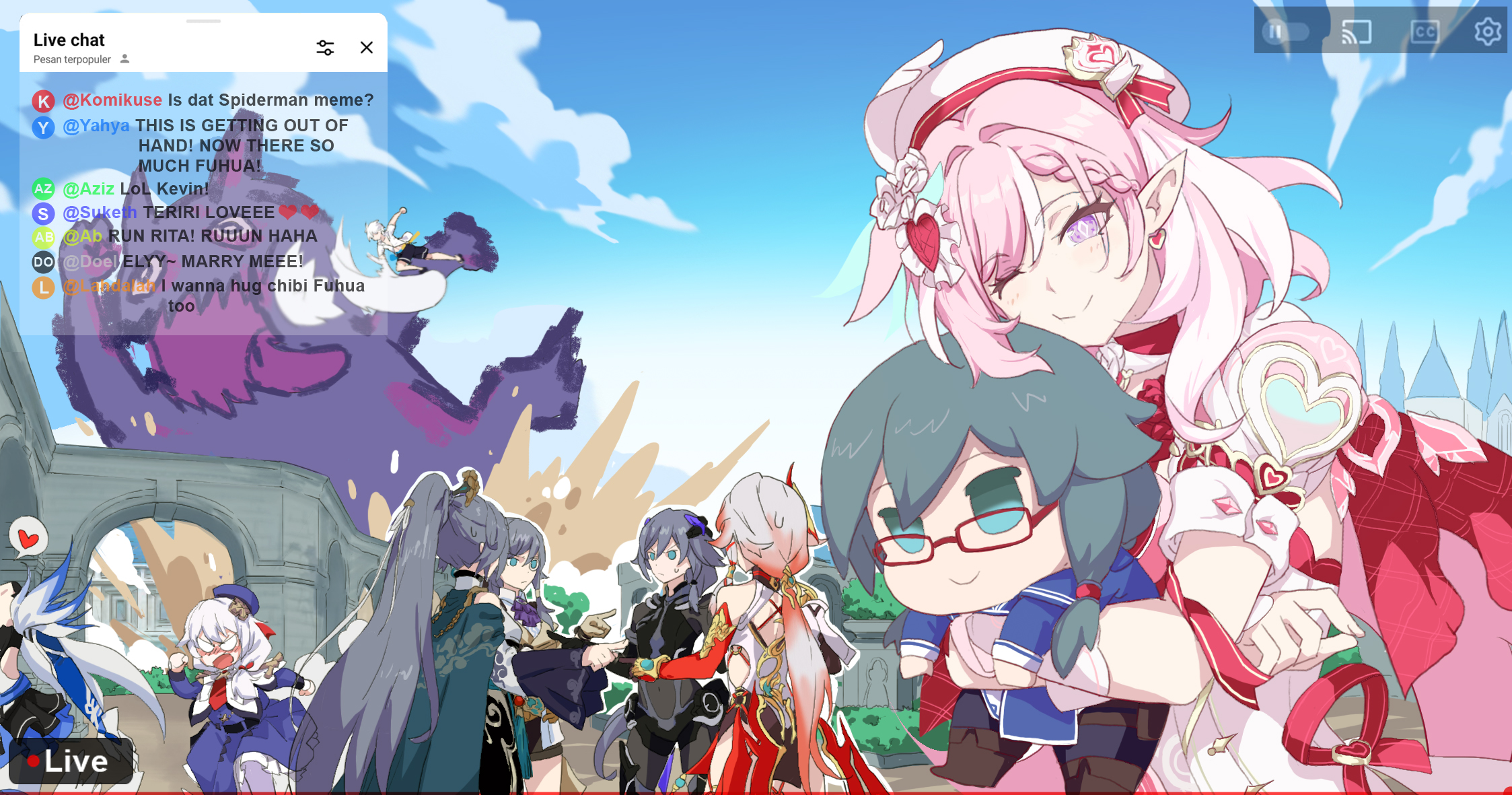 komikuse, elysia (hi love elf) (honkai impact), elysia (honkai impact), fu hua, fu hua (azure empyrea), fu hua (night squire), fu hua (phoenix), fu hua (shadow knight), kevin kaslana, rita rossweisse, rita rossweisse (argent knight: artemis), theresa apocalypse, honkai (series), honkai impact 3rd, hashtag-only commentary, highres, 1boy, 6+girls, beret, blue sky, character doll, chat log, cloud, diamond-shaped pupils, diamond (shape), doll, dress, earrings, elf, english text, fighting, grey hair, hat, heart, heart earrings, holding, holding doll, jewelry, livestream, long hair, monster girl, multicolored hair, multiple girls, pink hair, pointy ears, purple eyes, red hair, sky, spoken heart, symbol-shaped pupils, two-tone hair, very long hair, white dress, white hair